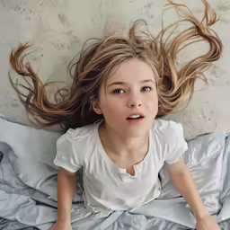 a young girl sitting on top of a bed on top of a blanket