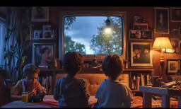 three children watching a tv while sitting at a table