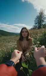 a lady in a field of flowers holding her hand out