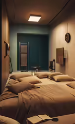 several beds are in a room with brown blankets