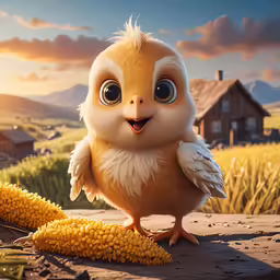 a small owl standing next to a corn cob