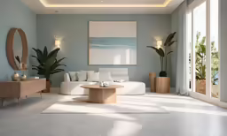a living room with an artistic view of the beach