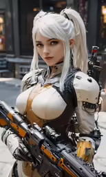 a character in white outfit holding a gun on the street