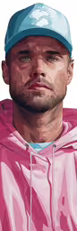 a digital drawing of a man wearing a pink hoodie,a man wearing a pink shirt and blue hat