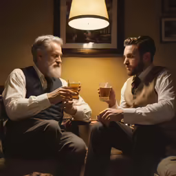 two men sit with their beer glasses while looking at each other