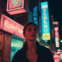 a woman standing on a sidewalk at night