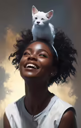 a beautiful woman smiling with a white cat sitting on her head