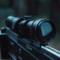 a camera with a lens attached sitting on top of a video camera