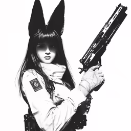 a woman is holding two guns with bunny ears on her head
