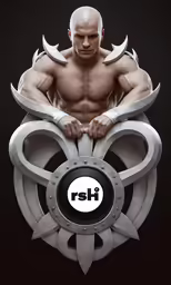 a bald man in a black shirt with no shirts on holding a large circular object