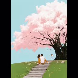 two people sitting on stairs under a tree with pink blossoms