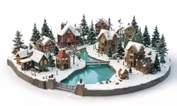 there is a village with a pond and trees