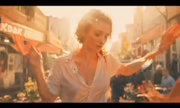 a woman walking down the street wearing white