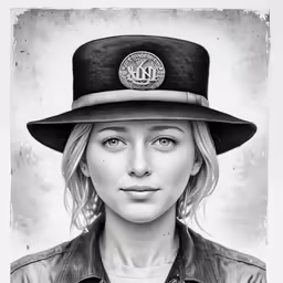 a woman wearing a hat with an emblem on top