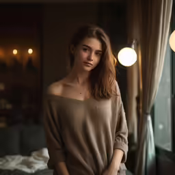 a woman sitting in a bed wearing a sweater