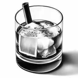 a shot glass of liquor with ice cubes