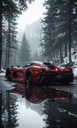 the supercar is driving on a wet road in the woods
