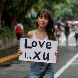 a woman holding a white and black sign that says love u xu