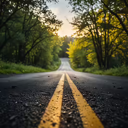 the road through trees has a long line