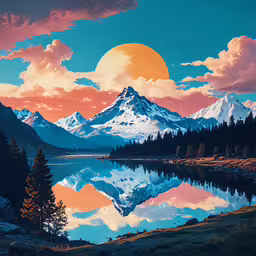 the sun rises over a mountain range as the reflection of trees in the lake,a painting shows snow capped mountains and trees reflected in a still lake
