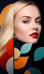 a blonde woman with bright lipstick and an image of the shape of her face
