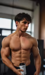 a shirtless male in a gym posing for a photo