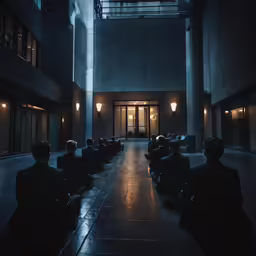 a dark hallway leading to two door hall with two sitting men