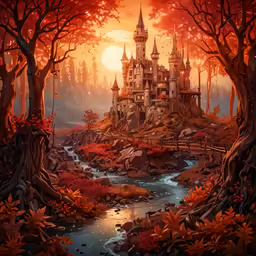 the illustration of a fairy castle surrounded by fall trees