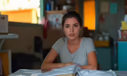 a young woman sits in front of a box in the process of moving out
