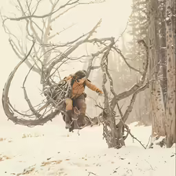 a woman jumping in the air off a tree