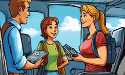 a man and woman being interviewed to two passengers