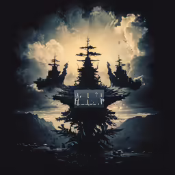 a ship, clouds and silhouettes of trees