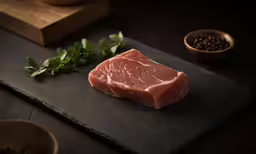 steaks in a dark plate with garnish and herbs