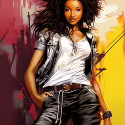 a painting of a woman in leather jacket and jean jeans,the painting shows a beautiful black woman with dreadlocks and a leather jacket