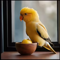 the yellow parrot is sitting on the table next to the bowl