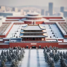 an aerial view of a building with some buildings behind it
