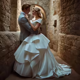 the bride and groom embrace in an ancient alleyway