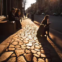 several people are sitting on benches in a city