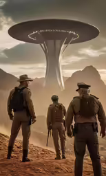 three men standing near one another wearing uniforms with their backs toward a alien alien planet