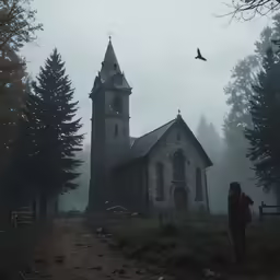 a church in the fog next to a wooded area
