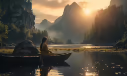 a woman in a canoe on the water at sunrise