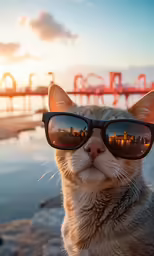 a cat in a sunglasses looks out at the camera