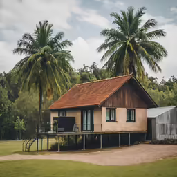 a wooden house surrounded by trees and grass