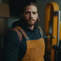 man with beard and overalls stands near orange wall