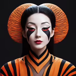 a woman in black and orange makeup is wearing an oriental hat