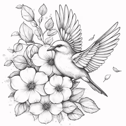 a black and white drawing of a bird on flowers