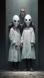 two people wearing long coats standing together in front of doors