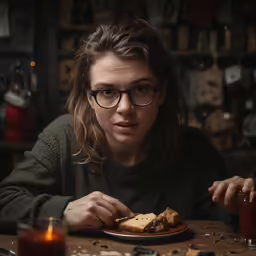a young woman eating pizza at the dinner table