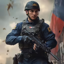 a man holding a gun while standing in front of a building