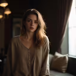 woman standing in front of window wearing brown shirt